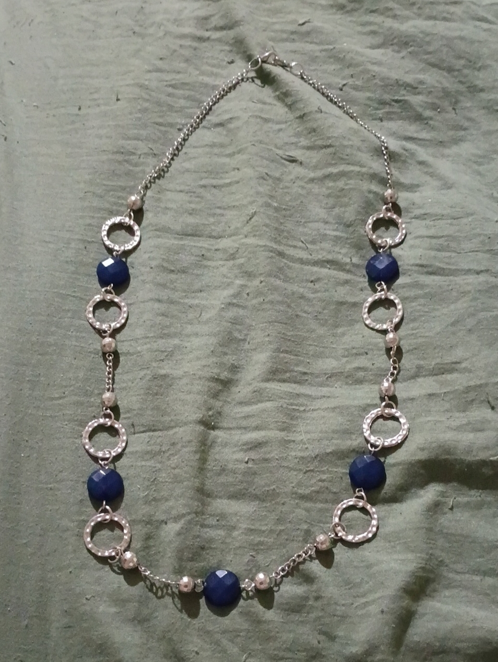 Silver-Tone Necklace with Navy Blue Faceted Beads